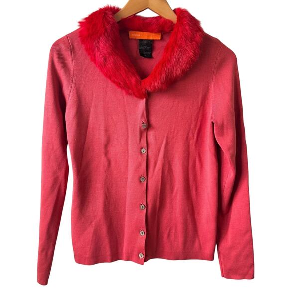 CYNTHIA STEFFE Cardigan Women M Red Silk Faux Fur Collar Buttons Y2K Bratz 90s - Picture 1 of 7